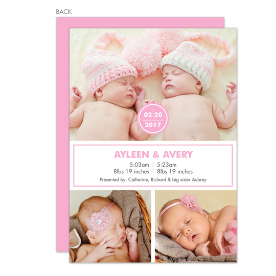 Pink and White Simple Twins Photo Birth Announcements